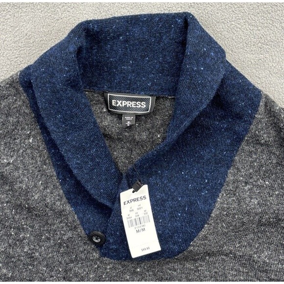 NEW Express Merino Wool Shawl Neck Sweater Mens Size M Gray Wool Blend - Picture 3 of 7